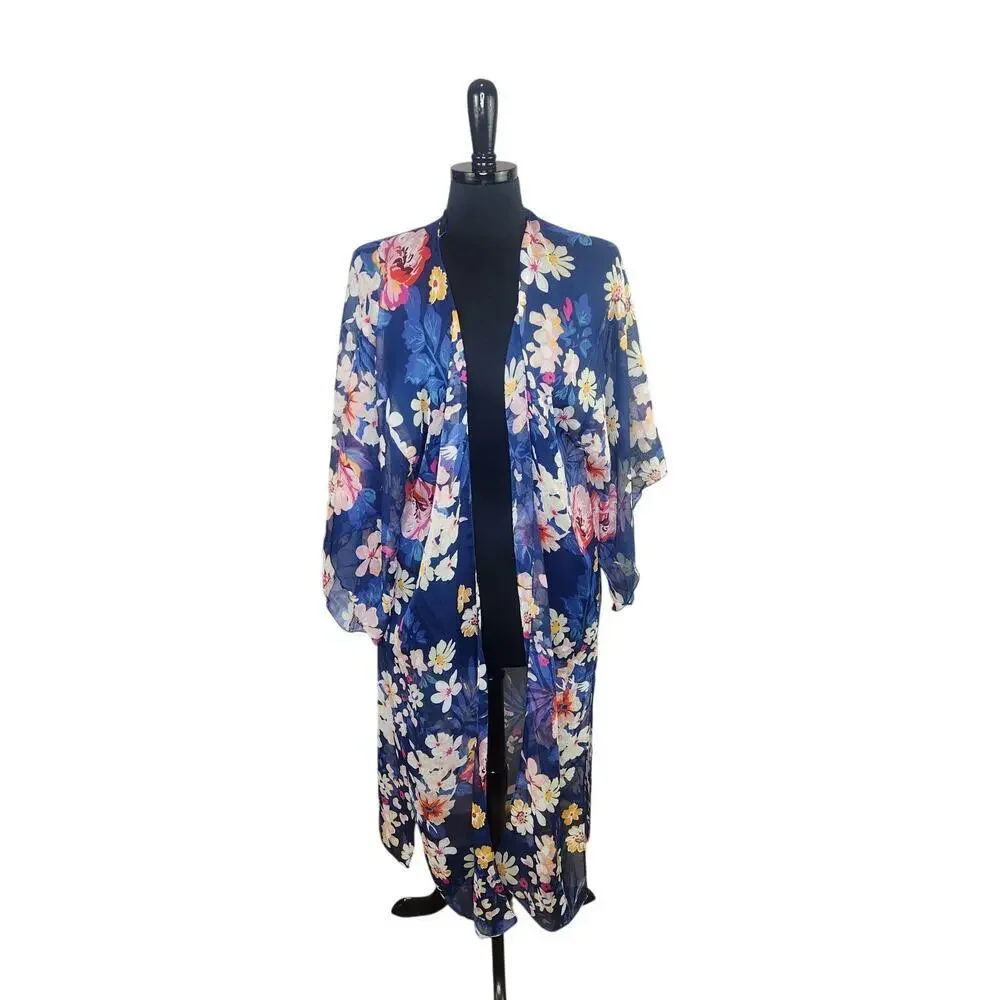 David & Young Long Sheer Floral Robe Beach Cover Loungewear Boho OS